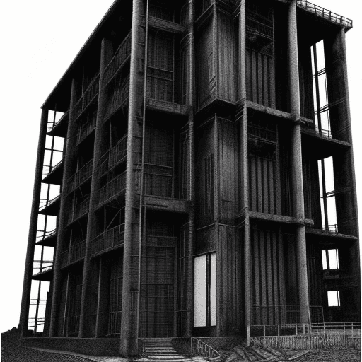 AI generated: old black and white manga style drawing of a sinister industrial structure, inspired in tsutomu nihe...