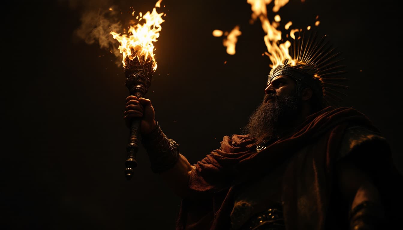 AI generated: Ultra-realistic .		Low-angle shot of Yutab’s torch glowing in the darkness, a symbol of resistance. ...