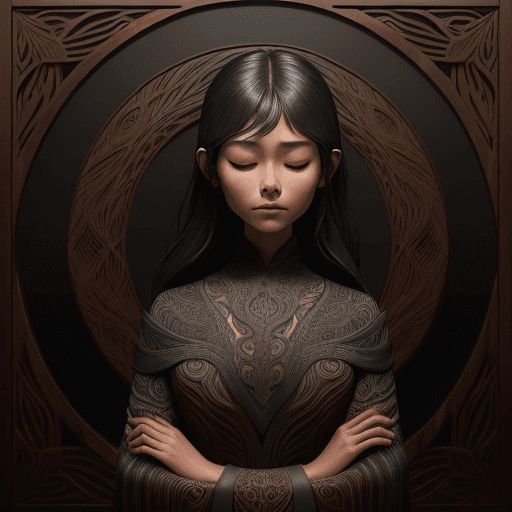AI generated: A beautiful girl with a stylized,  in intricate wooden texture. dark background. presenting a serene...