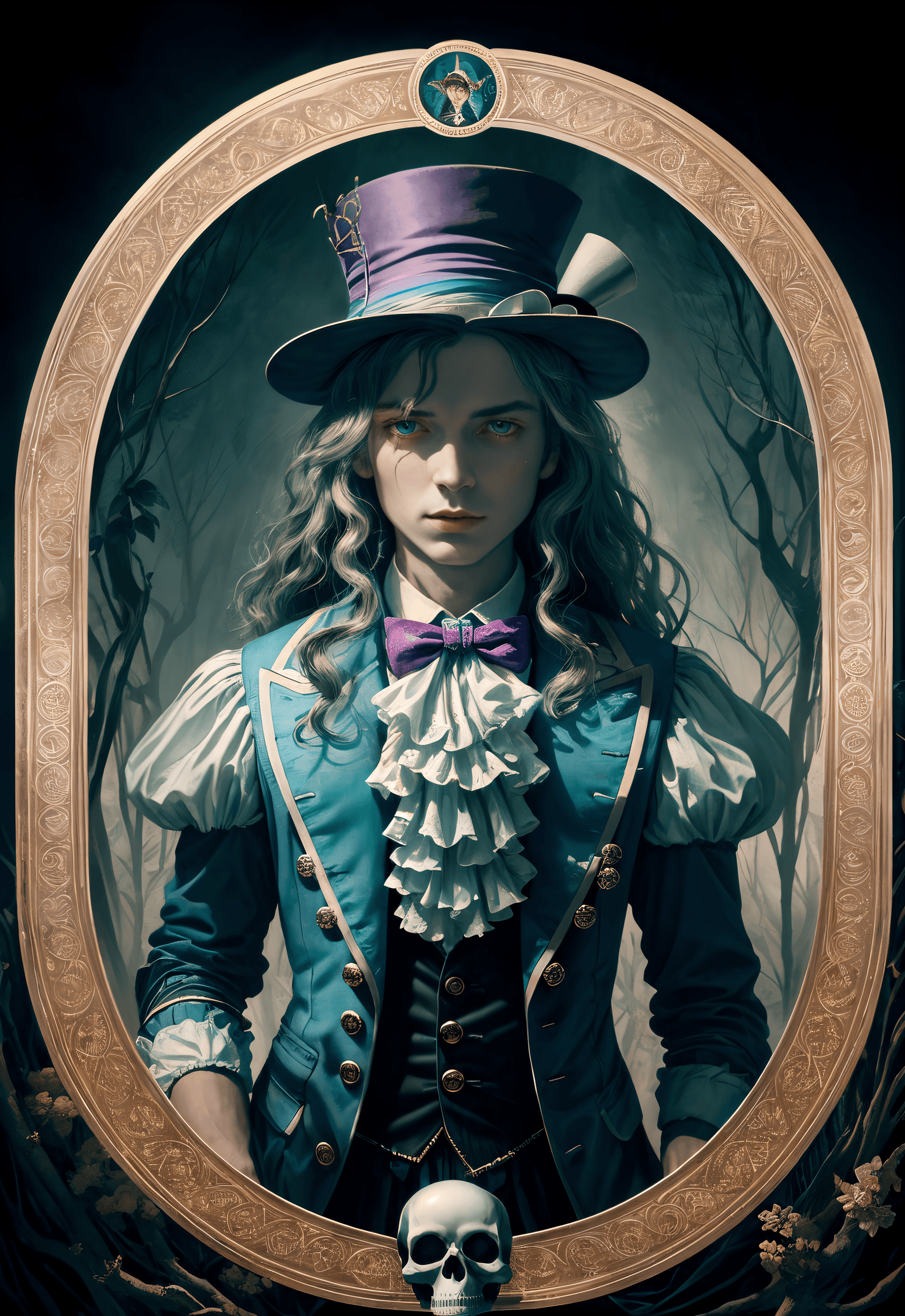 AI generated: (masterpiece award winning high quality:1.2) , (Alice in wonderland) , (mad hatter the magician in a...