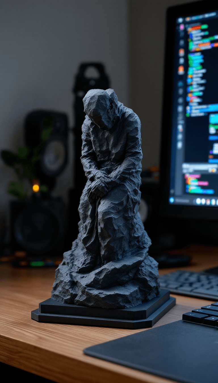 AI generated: Photograph of a simplistic coal statue of a GPU card for a computer, next to a desktop computer on a...