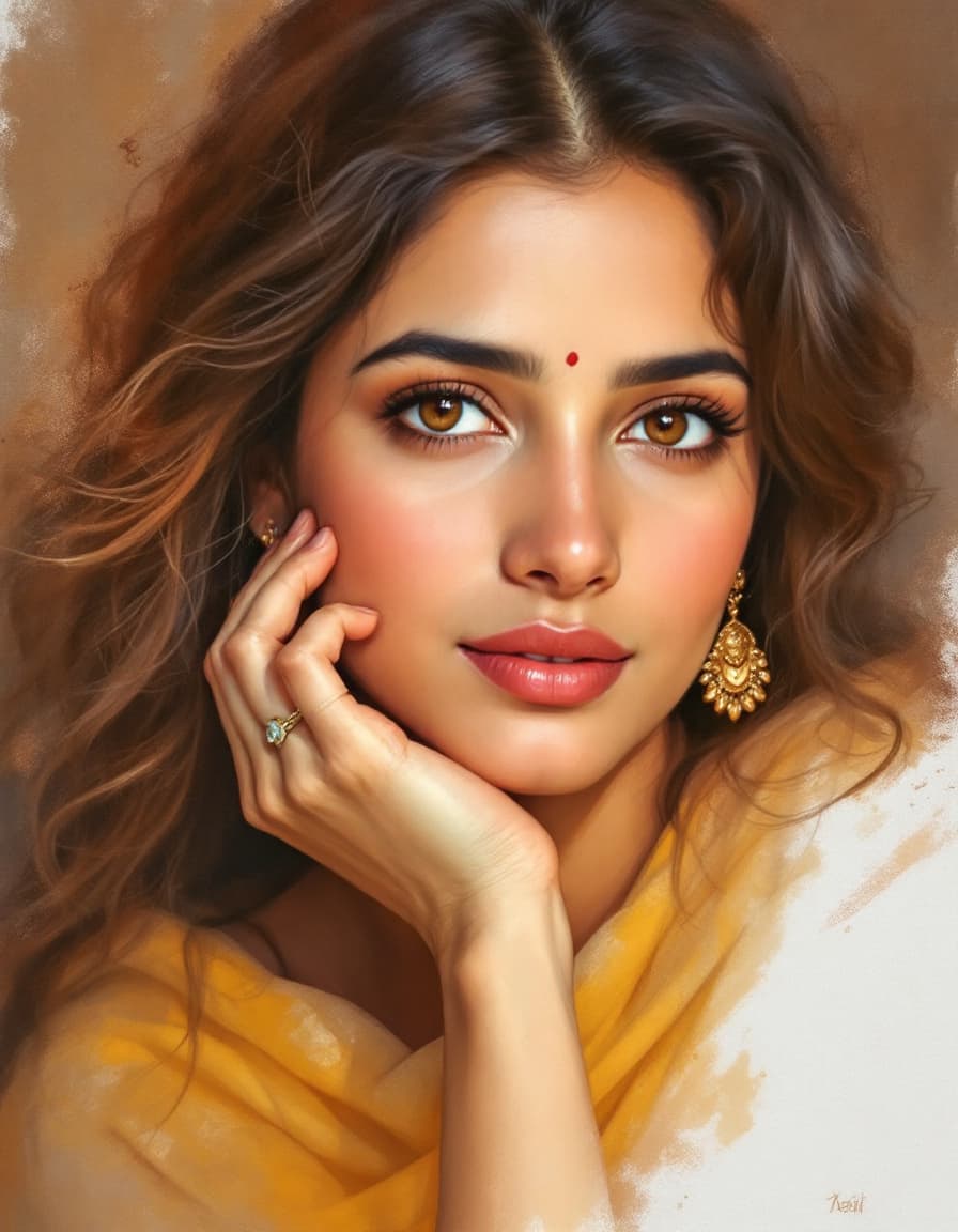 AI generated: An Indian woman in her late 20s, exuding a serene and contemplative mood, sits for a fine art portra...