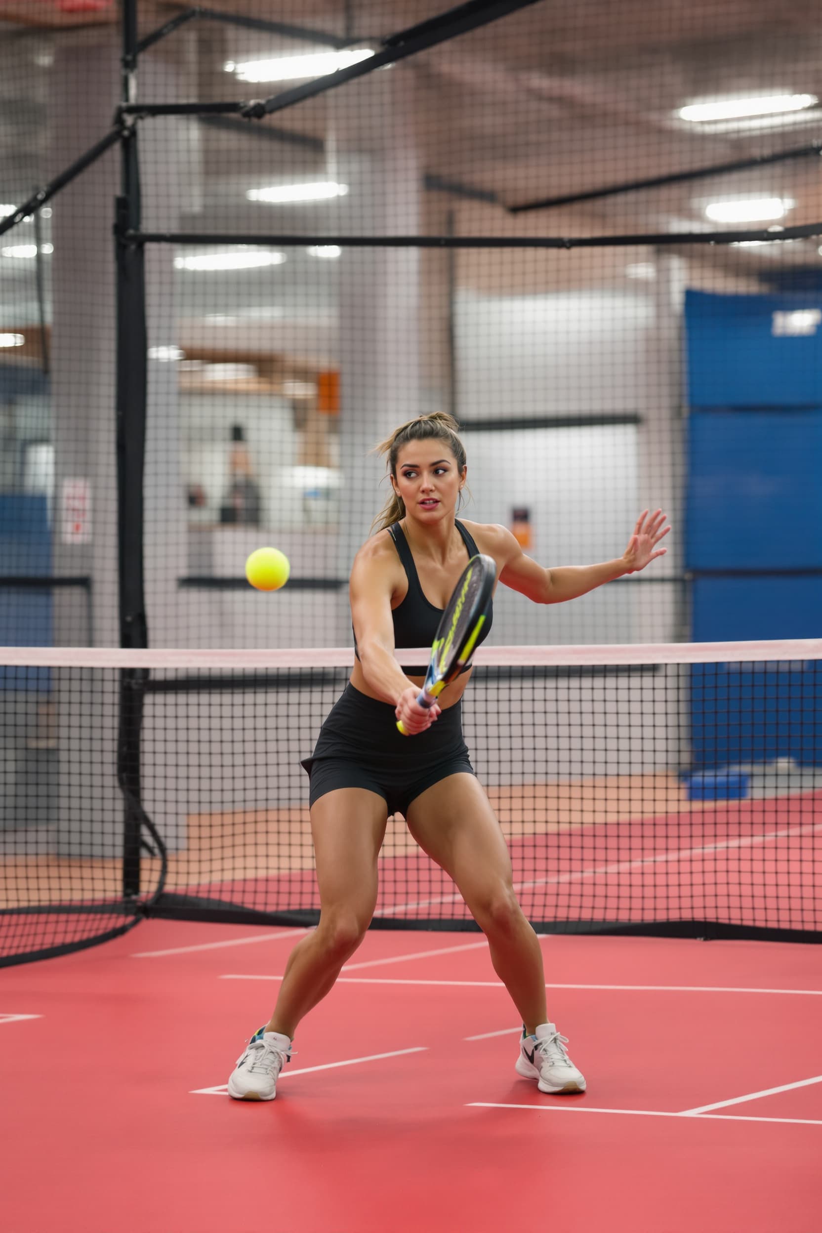 AI generated: A beautiful woman playing padel ball in an indoor padel court, she has a Babolat padel racket in han...