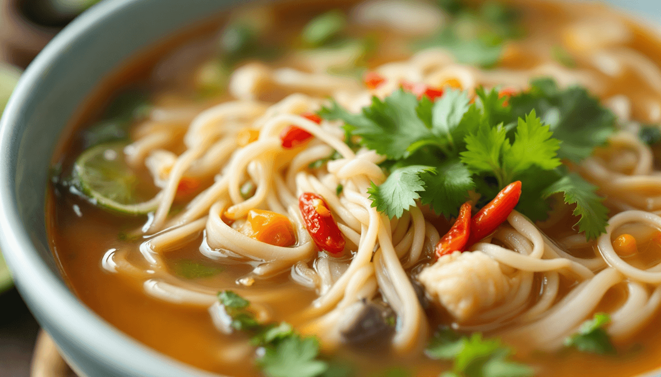 AI generated: A close-up of a steaming bowl of pho with fresh herbs, lime, and chili peppers, Vietnamese street st...