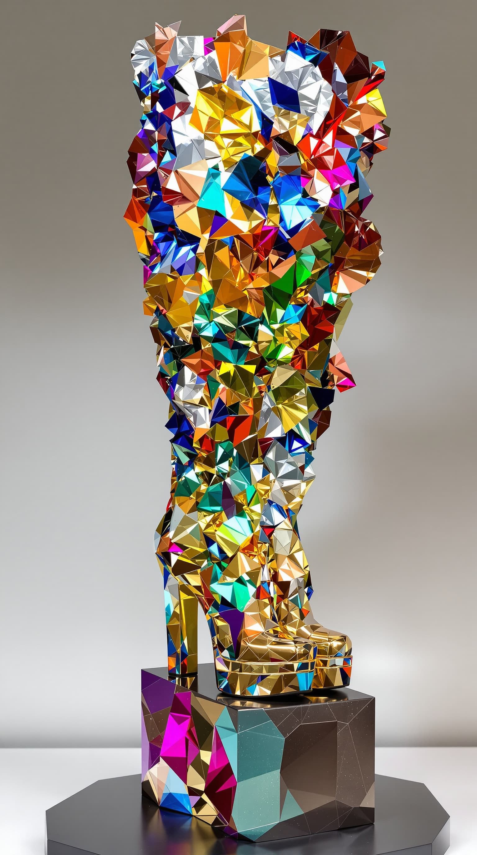 AI generated: An exquisitely crafted abstract sculpture gleams with vibrant colors of copper, platinum, gold, and ...