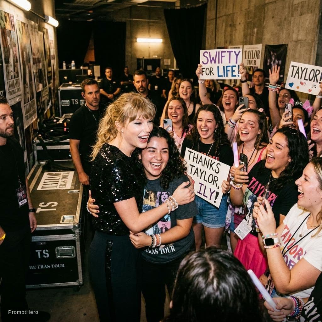 AI generated: with Taylor Swift backstage at a concert, excited fans vibe