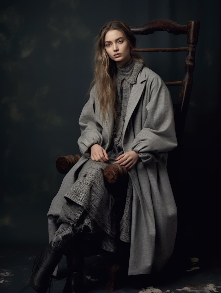 AI generated: a woman sitting on a stool wearing a coat, i-d magazine, grey tarnished longcoat, very pretty model,...
