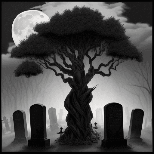AI generated: Cemetery coloring page, a coloring image of a cemetery on a dark and foggy night. It highlights anci...