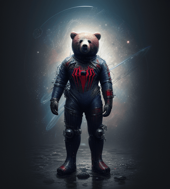 AI generated: the bear is dressed Spiderman and standing in an outer space suit, in the style of brushwork explora...
