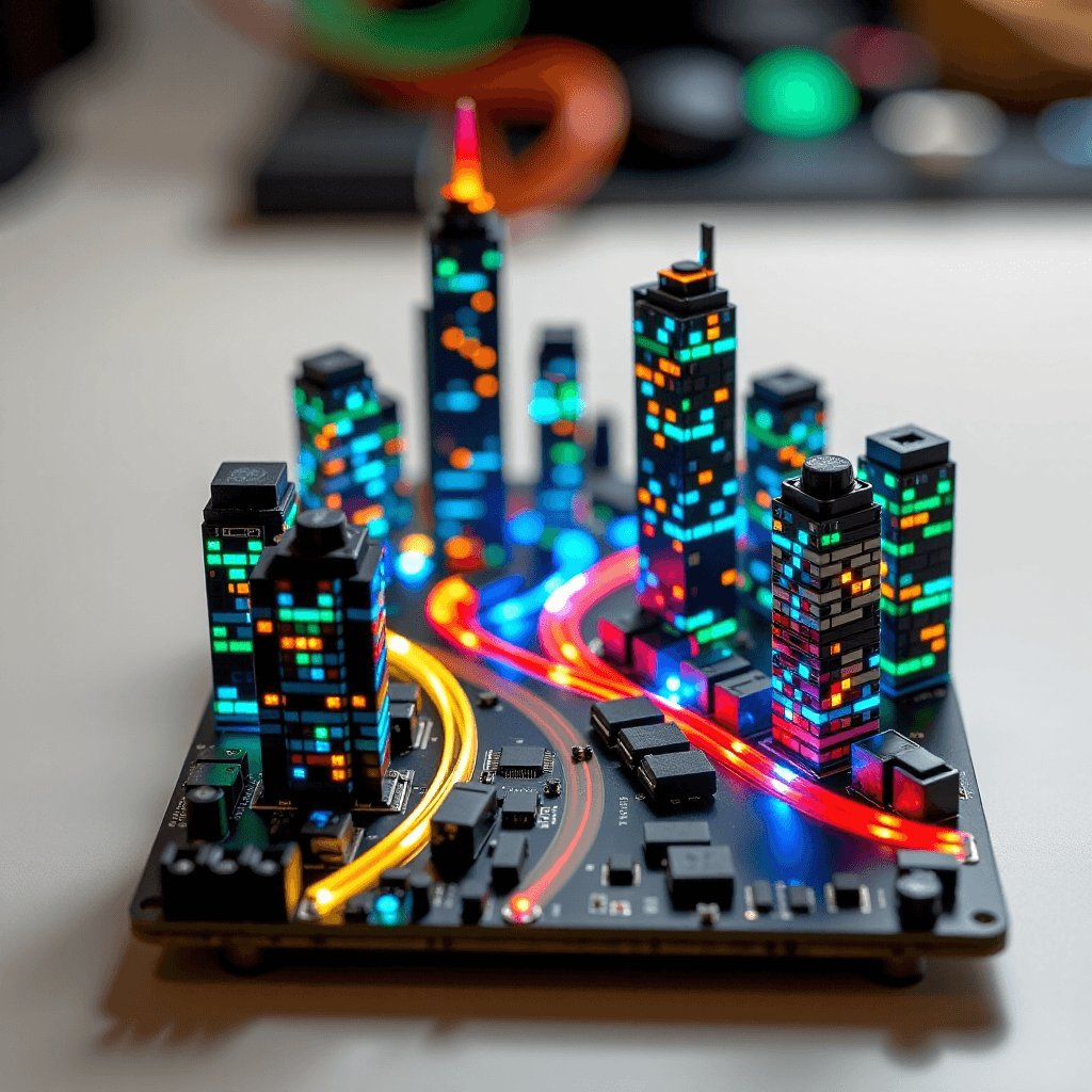AI generated: A miniature diorama of a futuristic cityscape, with skyscrapers built from stacked circuit boards an...