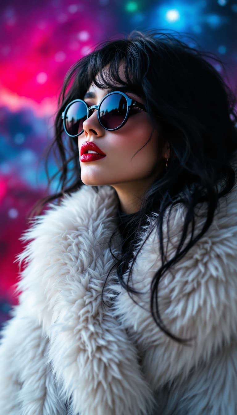 AI generated: Woman, raven hair, ruby lips, oversized, faux-fur jacket, crimson lips, style, vibrant backdrop, sha...