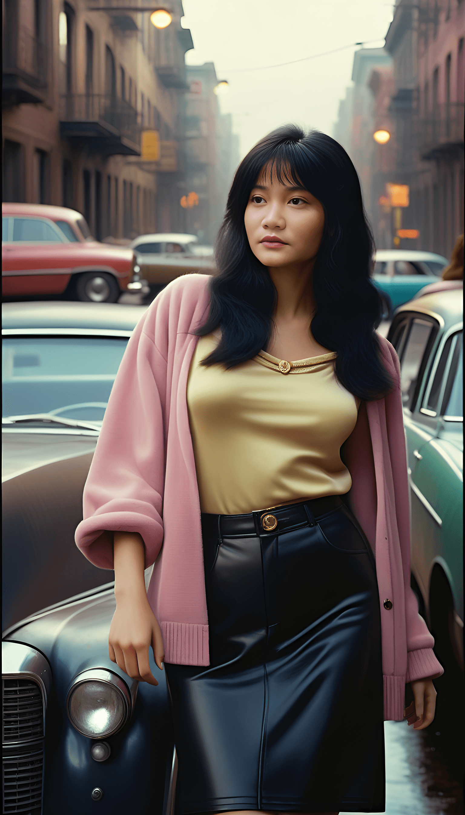 AI generated: potrait a woman, masterpiece, concept art, medium shot,wearing 1980 era costumes, cozy, atmospheric,...