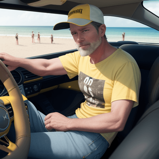 AI generated: Realistic, Close-up, White man, 40 to 50 years old, wearing denim shorts and yellow t-shirt, black c...