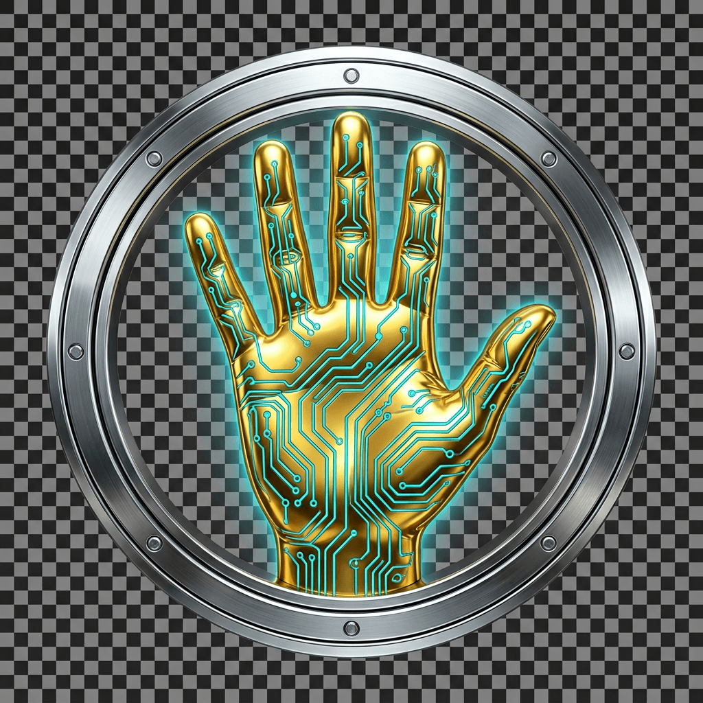 AI generated: "Circular golden (#FFD700) open palm with cyan (#32CDF0) digital circuits, chrome ring, transparent ...