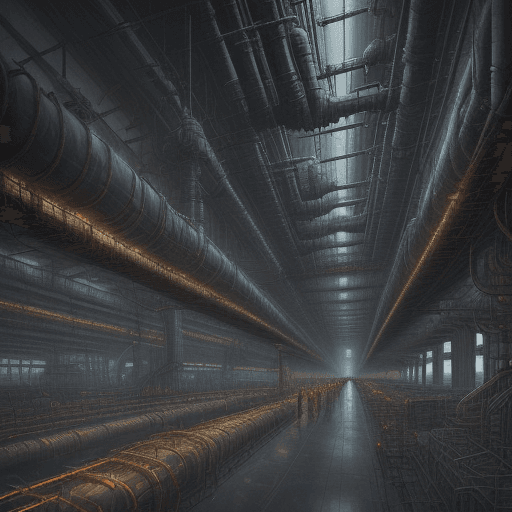 AI generated: detailed oil painting of the inside of an industrial sci-fi city, with many pipes and machinery and ...
