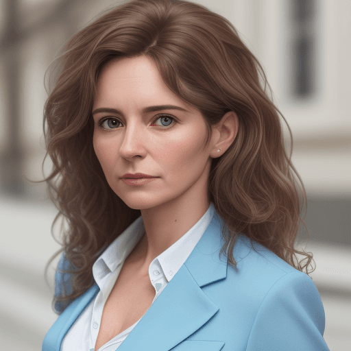 AI generated: Ultra realistic photo of a woman in her 30s or so, wearing a light blue blazer. wavy brown hair