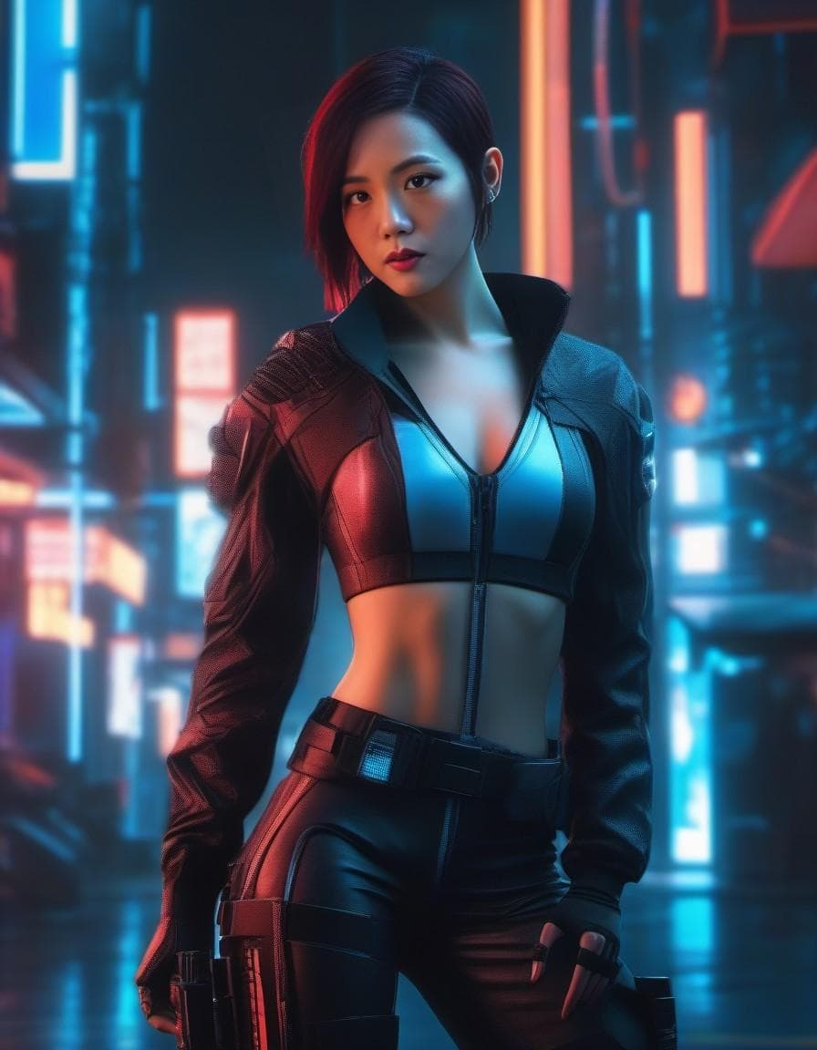 AI generated: a redhead fox-girl with blue eyes, cyberpunk 2077 style, cyberpunk night city, neon light, cyberpunk...