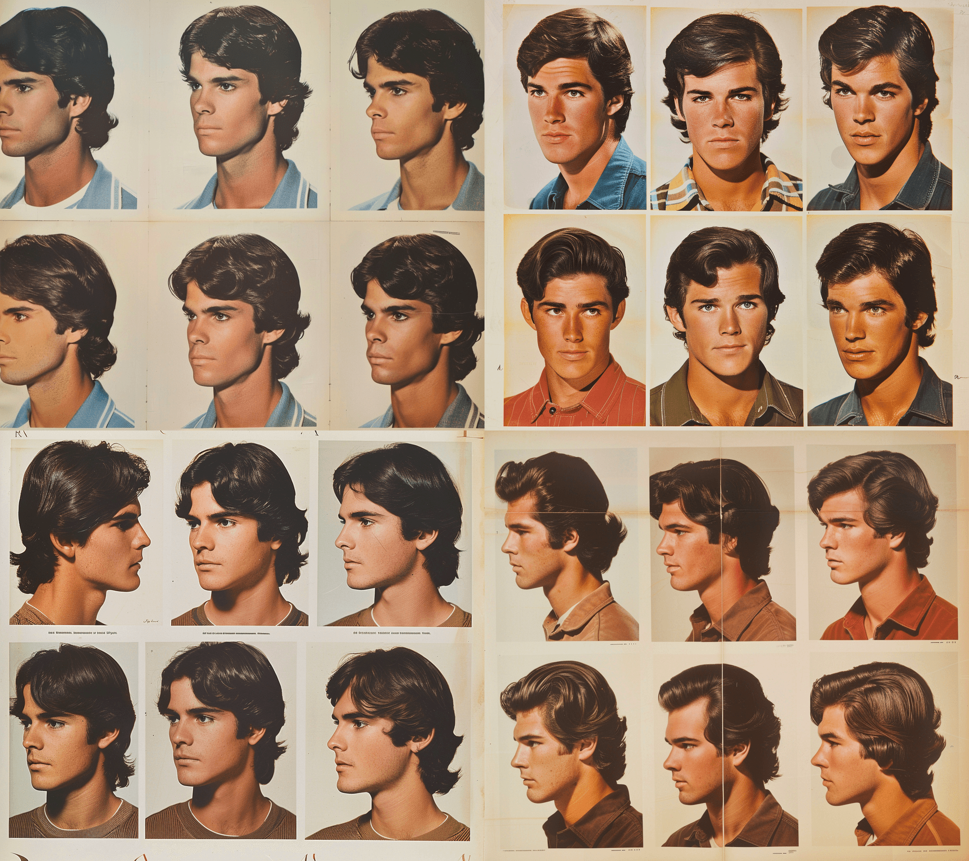 AI generated: An early 1970s men's magazine page showed six headshots of different young handsome American men wit...