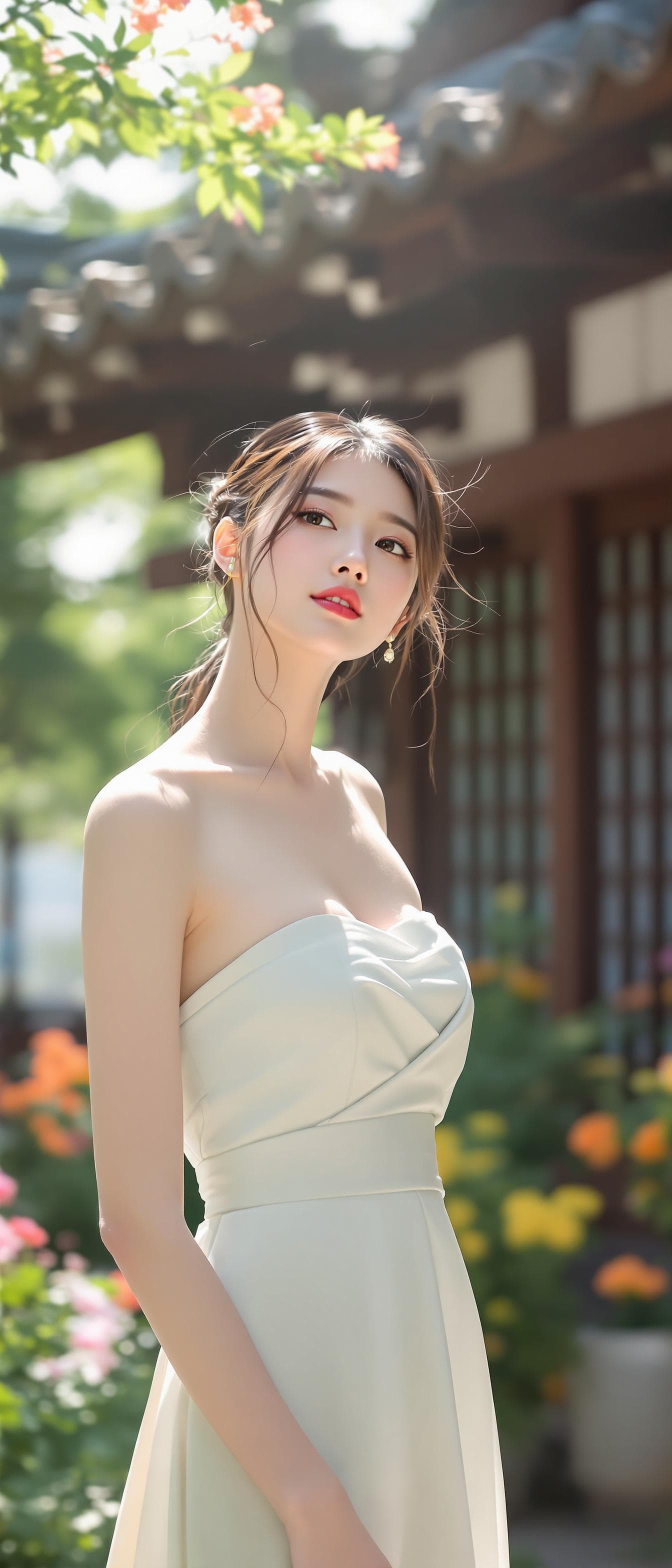 AI generated: A beautiful Japanese girl, korean ulzzang face, wearing a strapless dress, standing gracefully in fr...