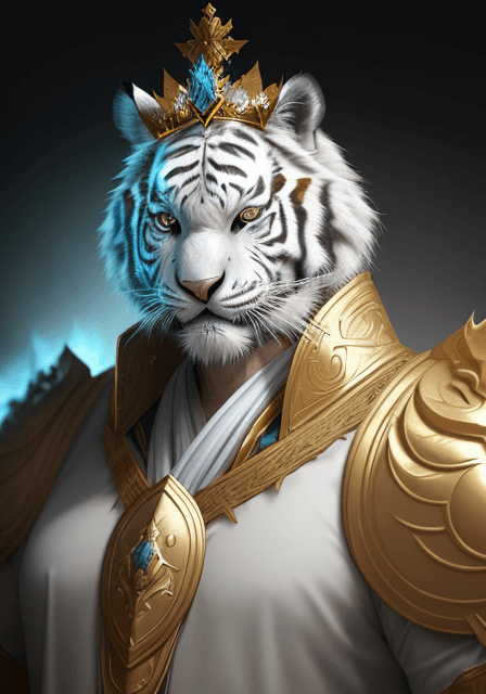 AI generated: furry art, a white tiger king with gold crown and blue king suit, concept art, portrait, super detai...