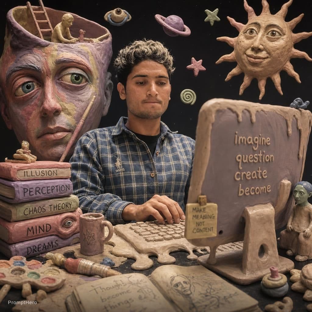AI generated: surreal editorial composition, hyperrealistic human mixed with handmade plasticine sculptures, tacti...
