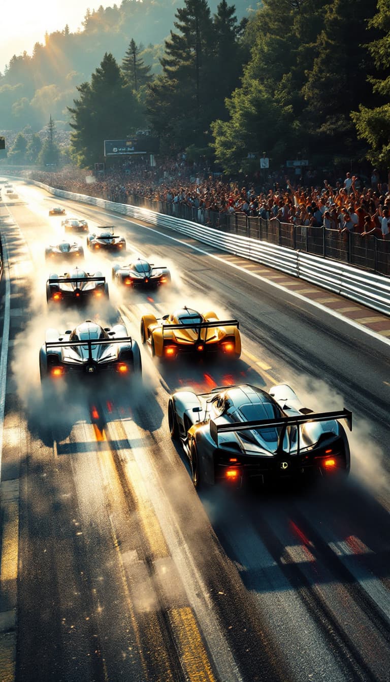 AI generated: Summer. 5 racing cars begin to move along the race track, overtaking each other. Tire smoke flies fr...