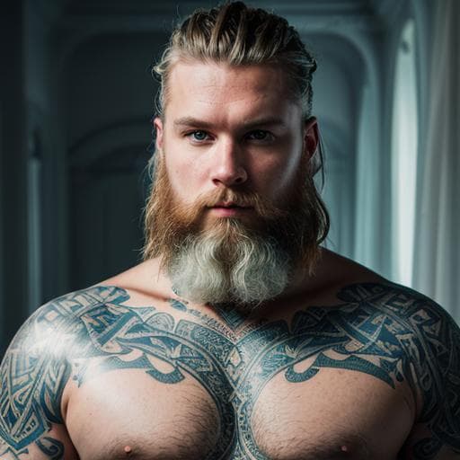 AI generated: a Nordic with tattoos, (detailed stunning environment), cinematic, cover art, (low front angle), ful...
