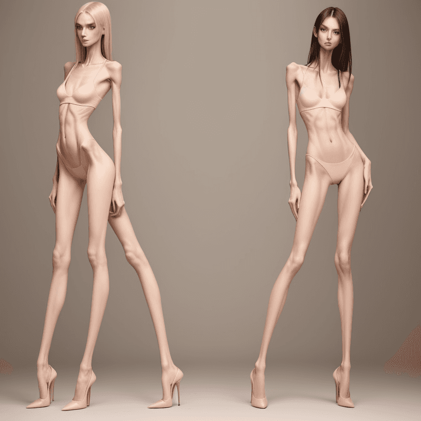 AI generated: photo of two an extremely skinny, flat-chested model with extreme long and skinny legs with extreme ...