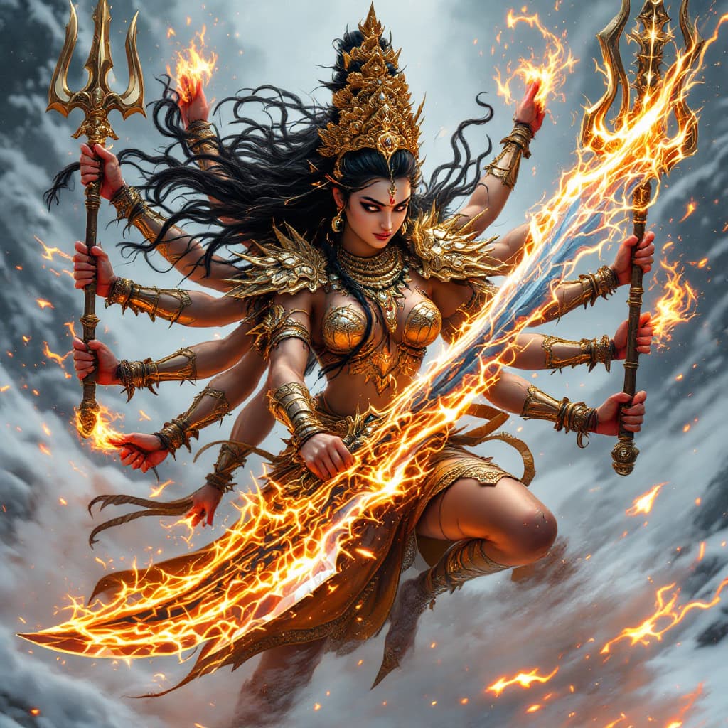 AI generated: "Create an ultra-realistic, full-body portrait of Devi Durga and Lord Shiva, locked in an epic battl...
