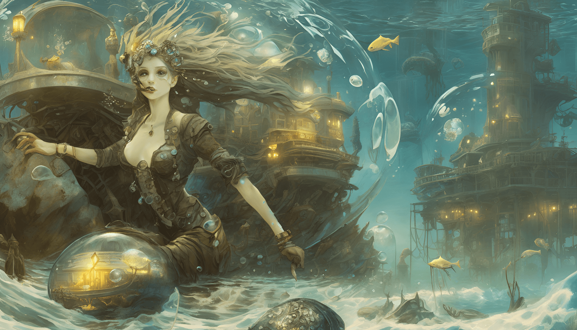 AI generated: post apocalyptic ambiance, abstract cyperpunk, pan view, style of azure and ivory, foreground with f...