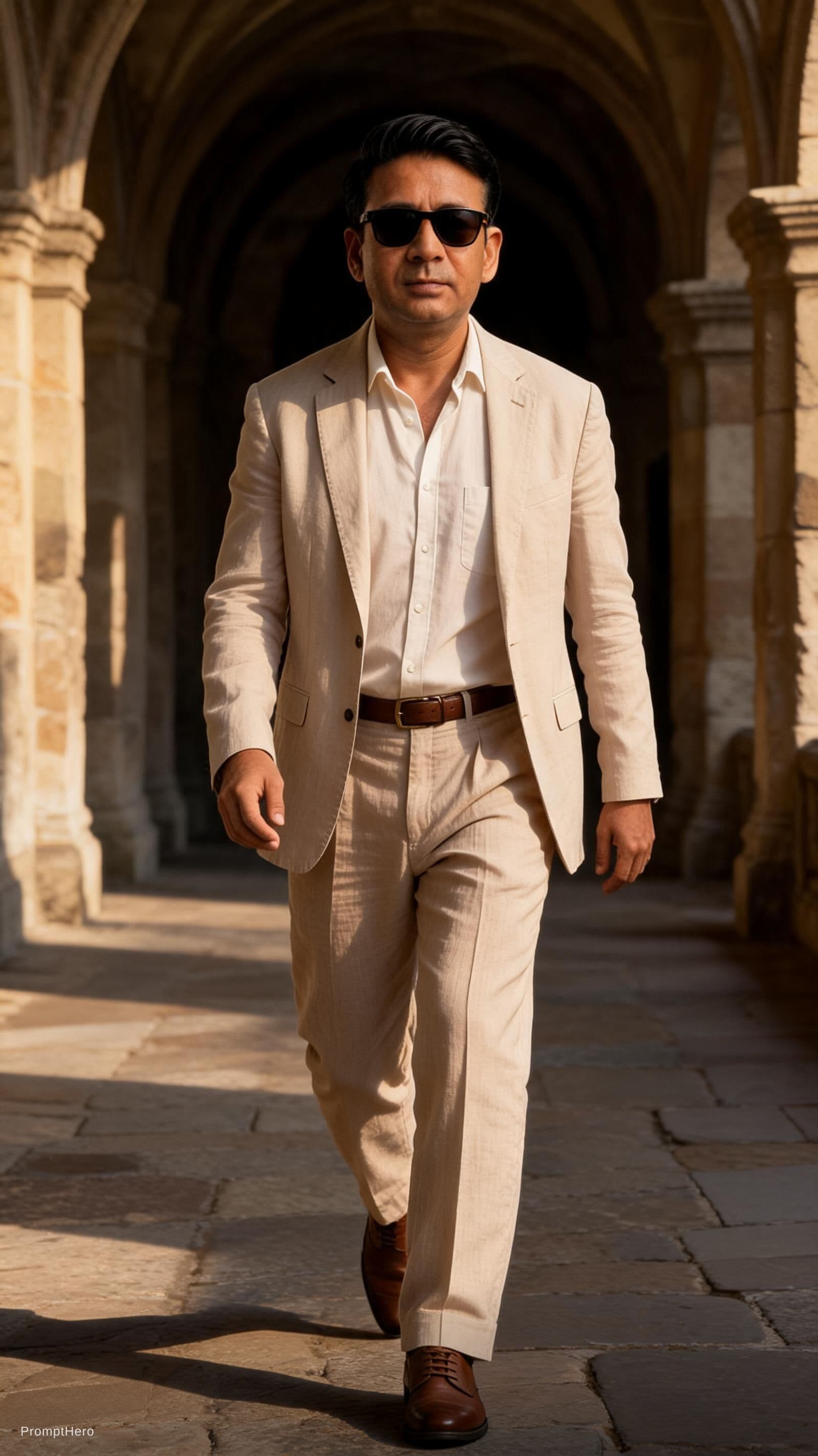 AI generated: A confident, sun-drenched full-body fashion portrait of a stylish man striding through an old stone ...