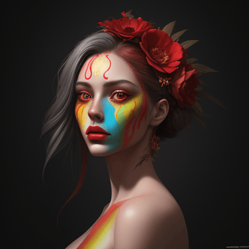 AI generated: the woman's face was painted with golden red, in the style of nature-inspired compositions, dark gra...