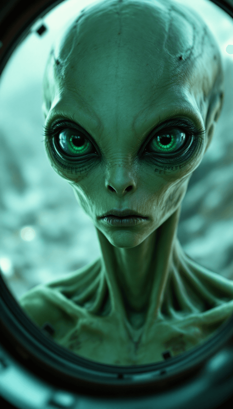 AI generated: Alien character macroview,ultradetailed skin in light green,a sad and pessimistic look from a UFO de...