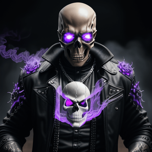 AI generated: a photo of 8k ultra realistic beautiful man GHOST RIDER HOLDING CHAIN, BURNING SKULL IN PURPLE FLAME...
