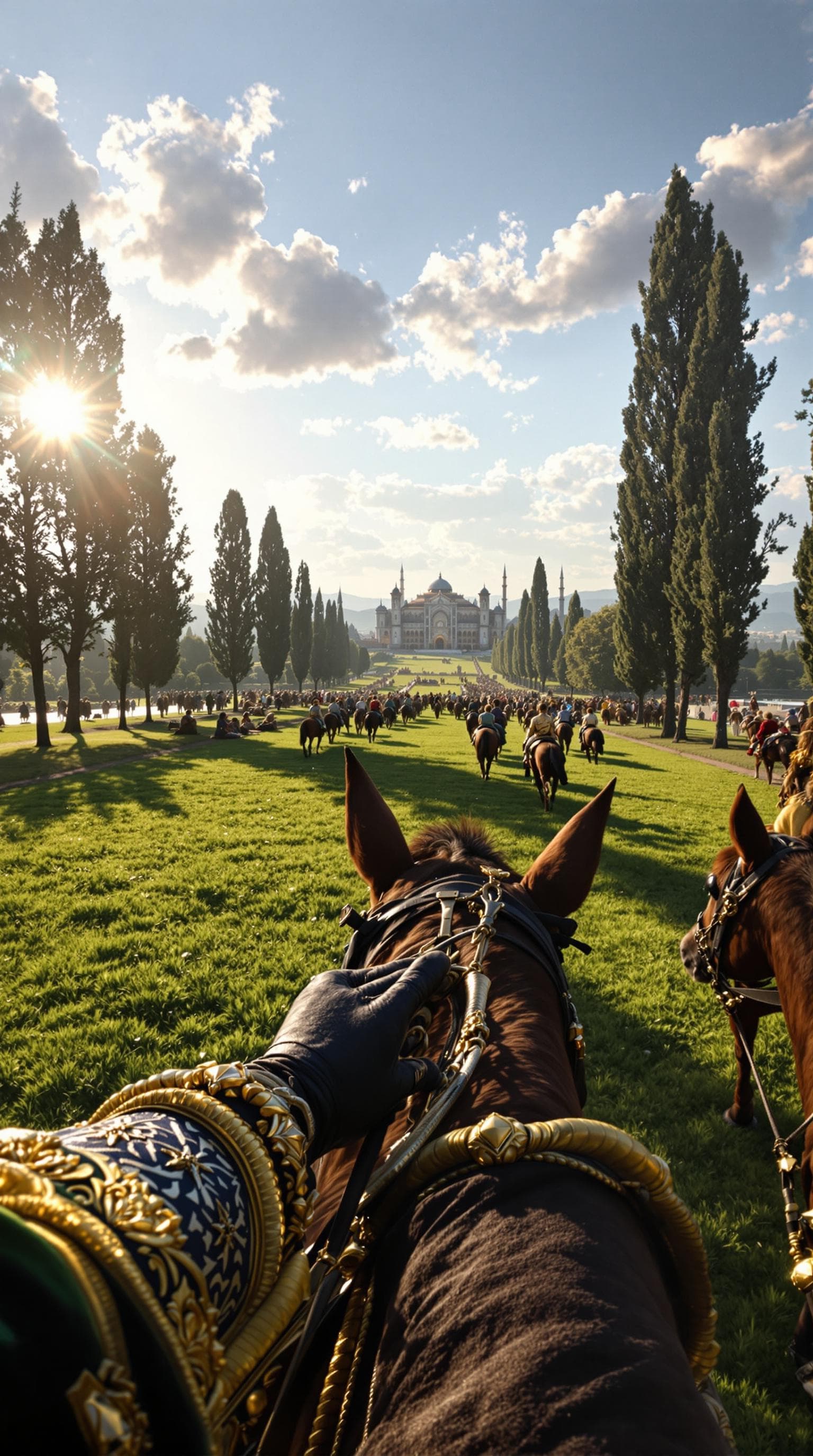 AI generated: First person POV, the female hands grip the reins of his majestic horse, adorned with intricate Otto...