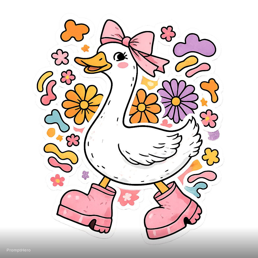 AI generated: Groovy white duck with oversized pink platform boots and a big side bow, playful winking expression,...