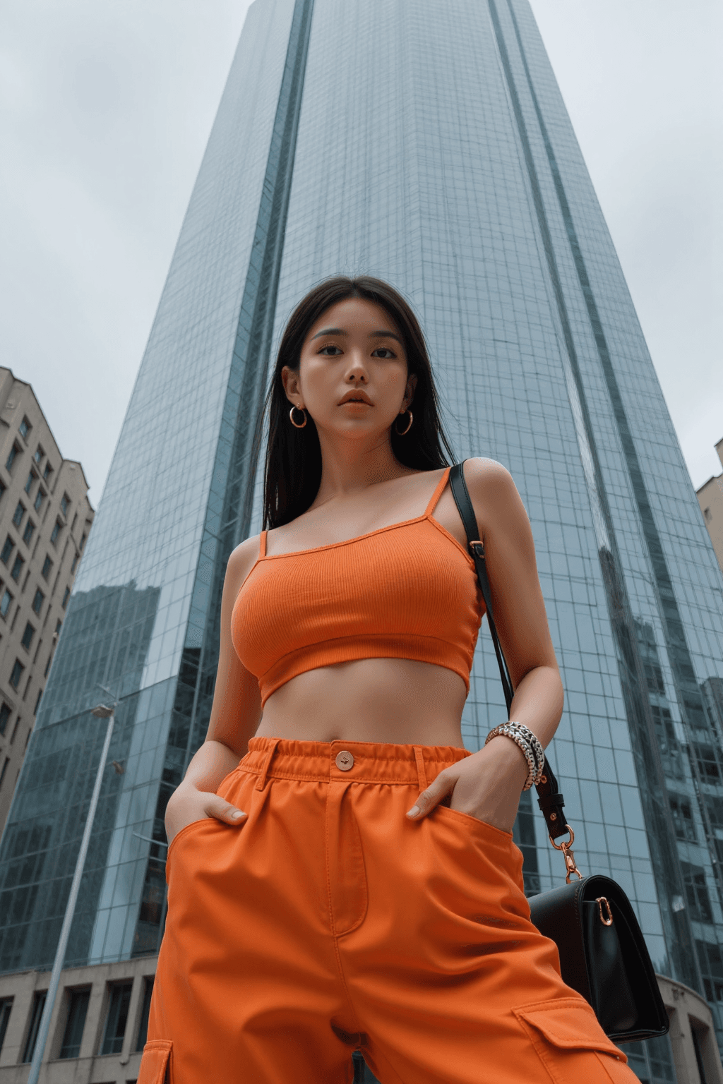 AI generated: A highly-detailed, photorealistic, low-angle street fashion portrait of a stunning young korean woma...