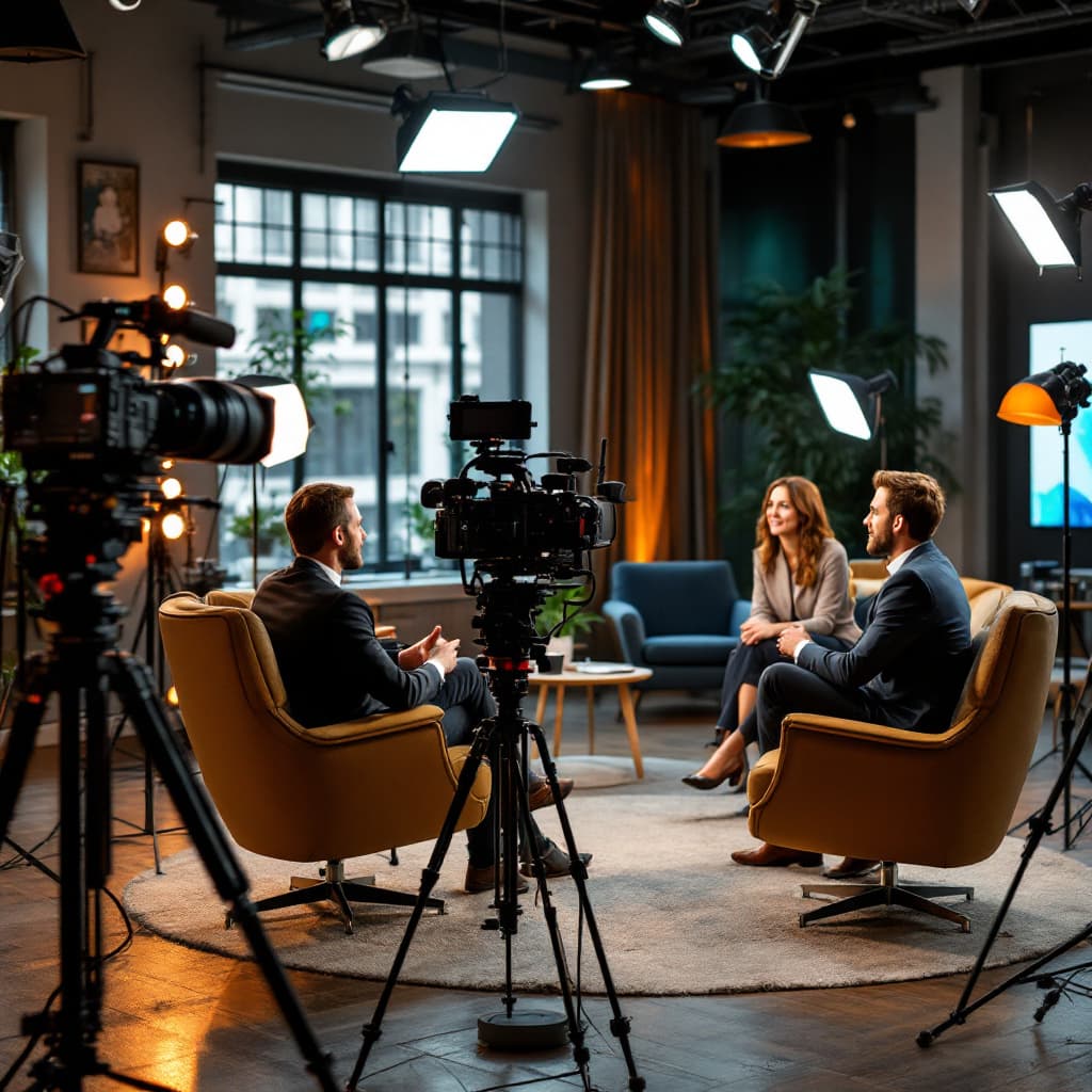 AI generated: the presenter and the guest are sitting on the sofa facing the audience, a spacious TV studio with c...