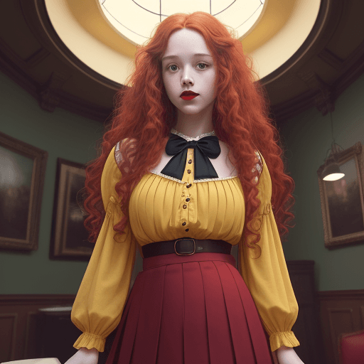 AI generated: young girl. long wavy red hair, yellow blouse, bow necked, mini black pleat skirt, red lips, massive...