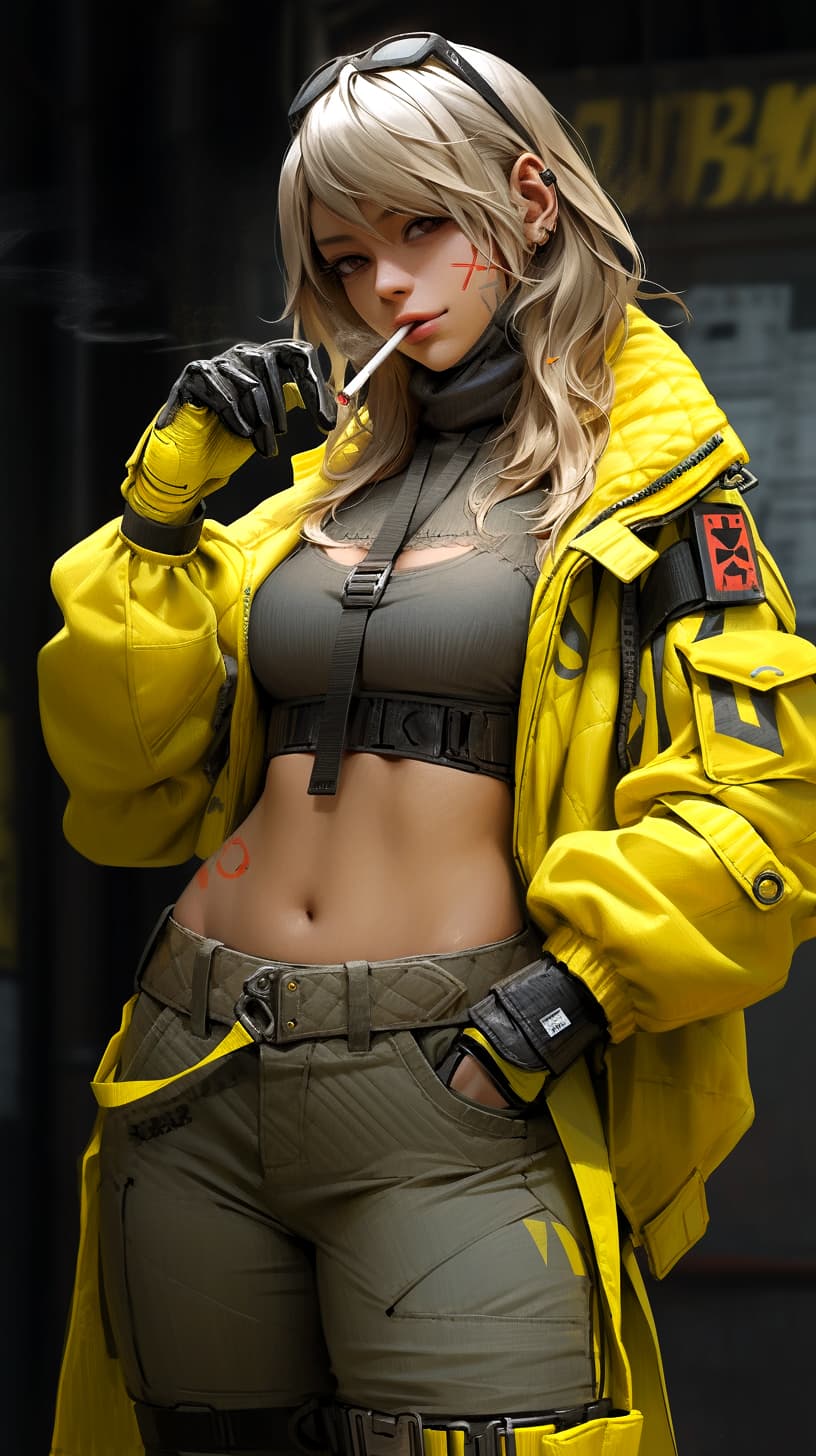 AI generated: Mortal Kombat Tanya, modern blonde version, cyberpunk, outdoor, street, vivid yellow, hyperrealism, ...