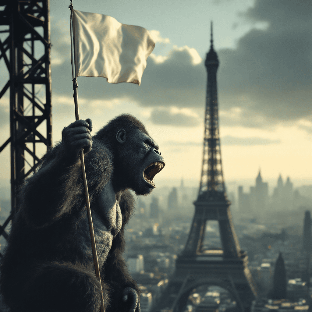 AI generated: king Kong climbing the Eiffel Tower, holding a white flag attached to a metal pole in one hand, in a...