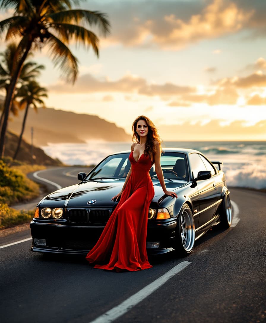 AI generated: A sleek BMW e34, its glossy black paint reflecting the golden hues of a sunset, stands proudly on a ...