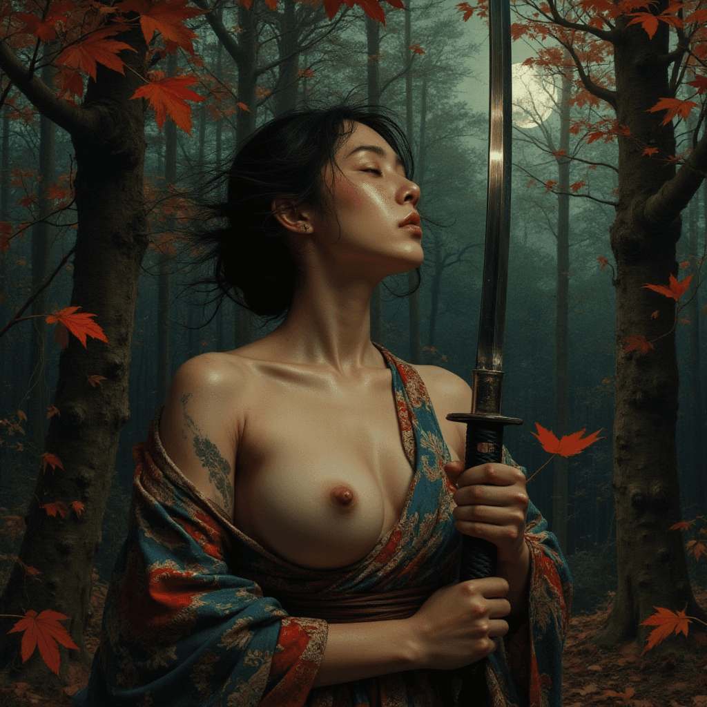 AI generated: A serene yet intense scene in a dense, ancient forest during the stillness of twilight. The woman’s ...