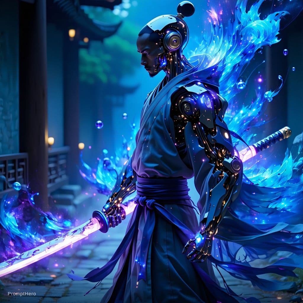 AI generated: Neo-Cyberpunk Cyber-Edo Japanese illustration of a [MONK_CHARACTER], [POSE_DYNAMICS] while [ACTION_O...