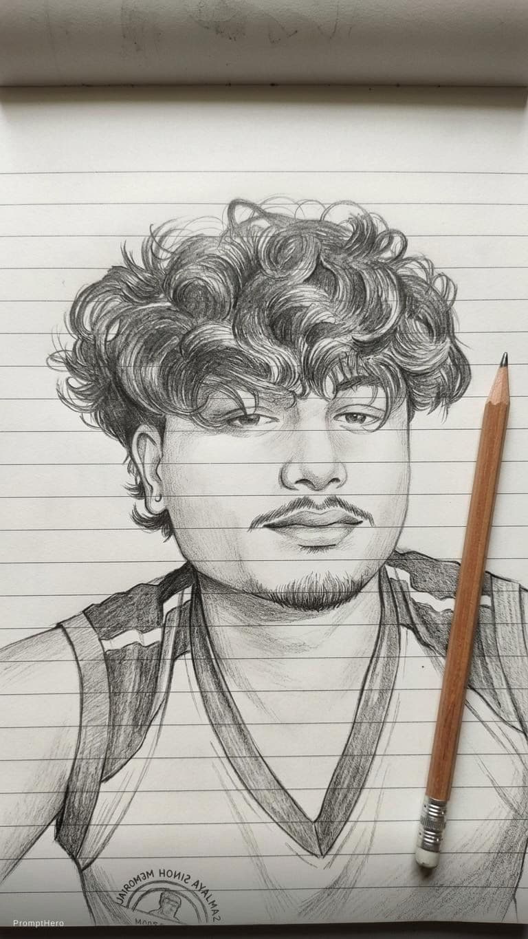 AI generated: Convert the image into a pencil sketch portrait drawn on lined notebook paper, with soft and delicat...