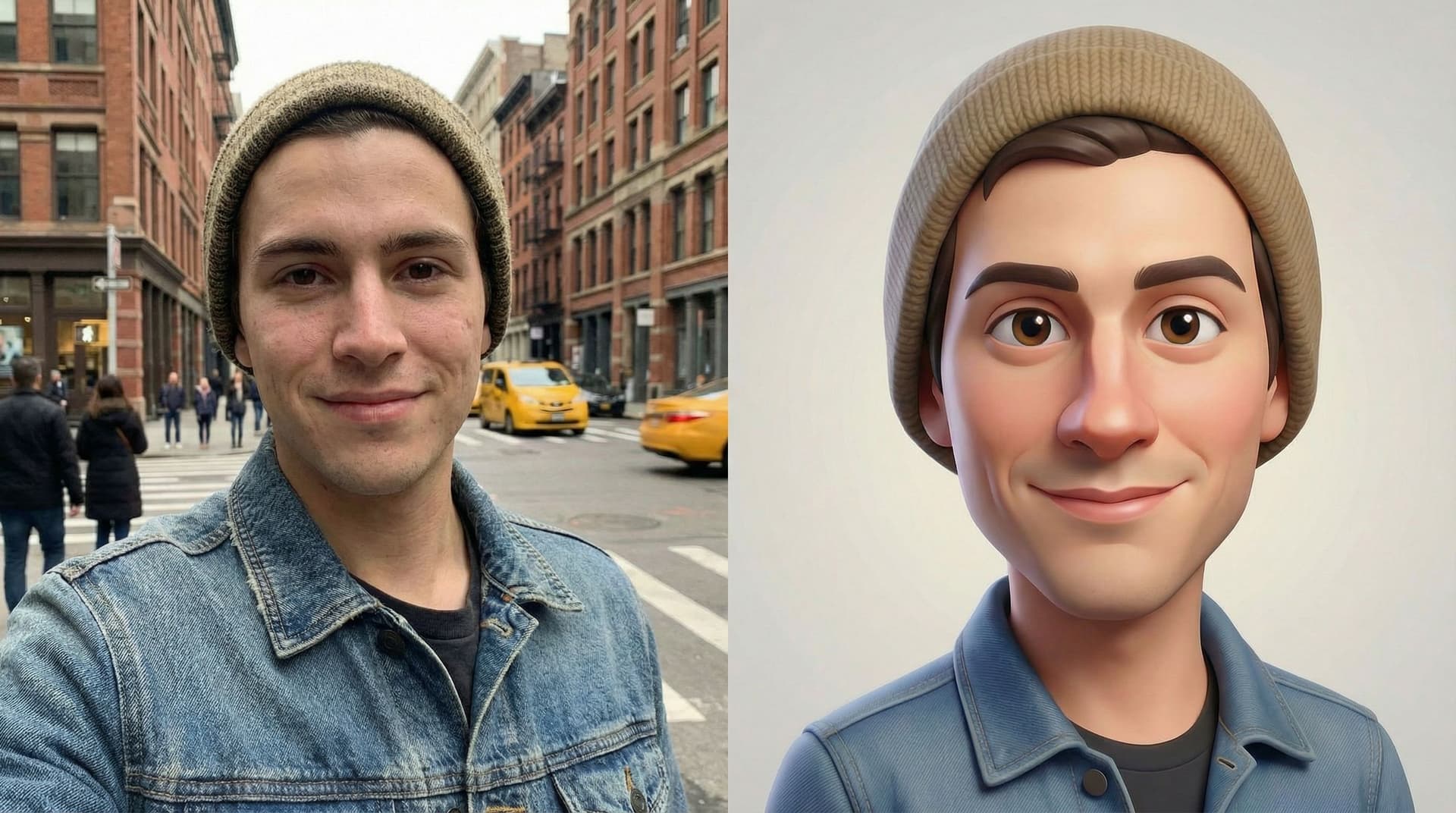 AI generated: Mix the images, on the left the real on the right the cartoon