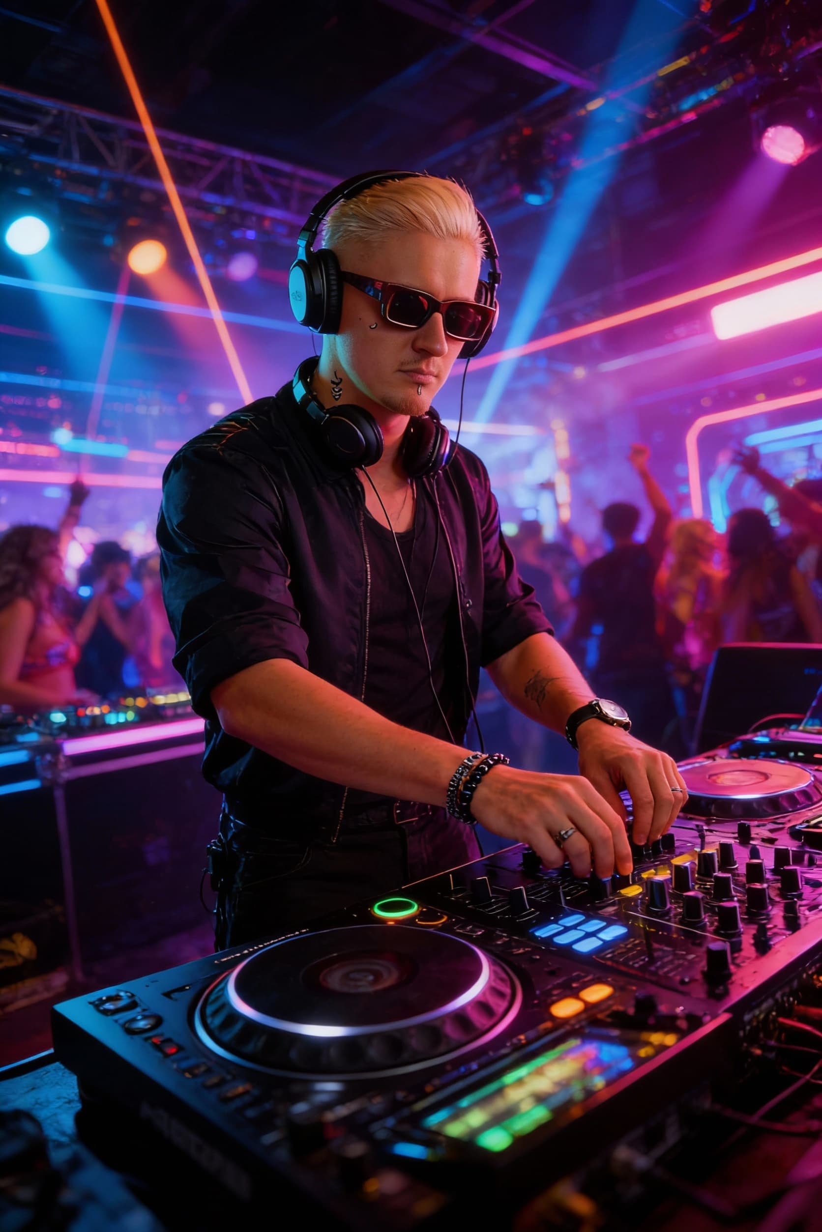 AI generated: ((guy)) dressed as DJ, DJ headphones, ((rave dance party)), ((DJ-booth)), mixing music, DJ console, ...
