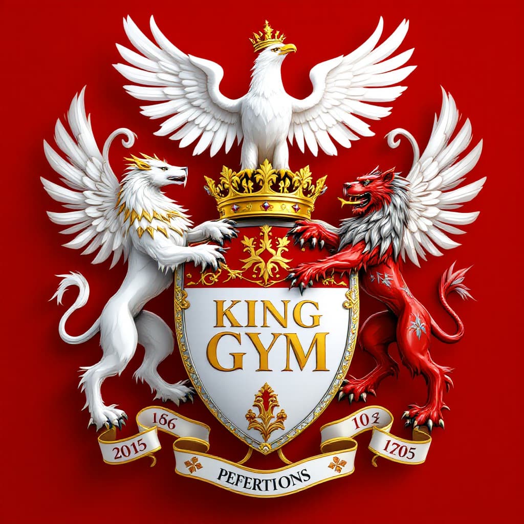 AI generated: magina photorealistic photo. shield of coat of arms. on shield gold lettering KING GYM. on the left ...