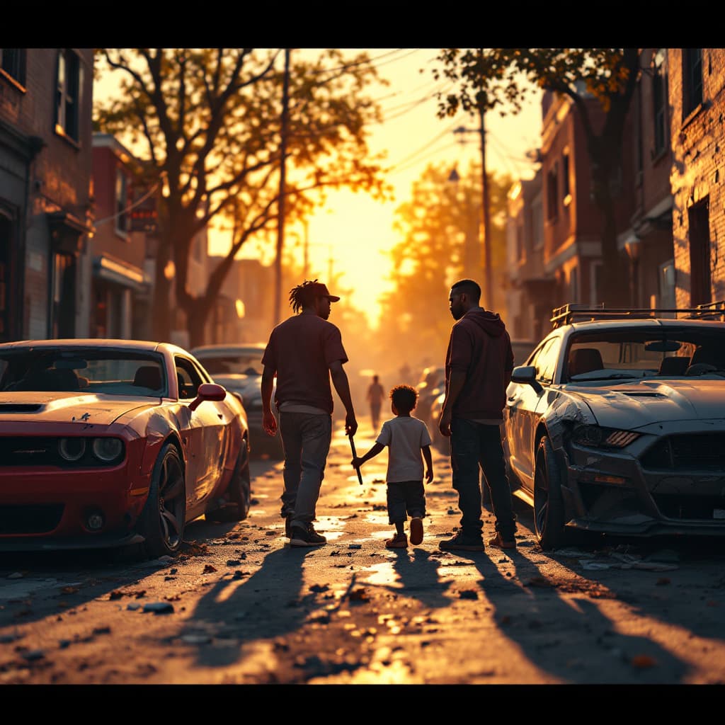 AI generated: ixar styled 3d 4k cinematic image of black kids in a ghetto neighborhood on property and cars being ...