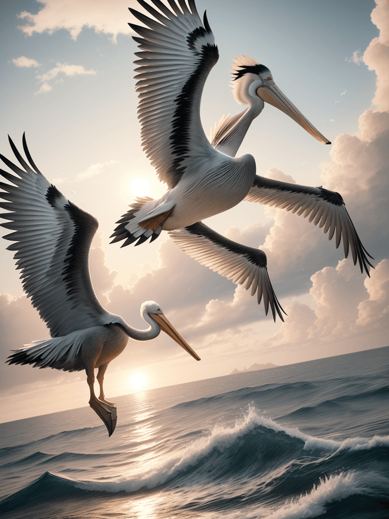 AI generated: Photo of a ultra realistic pelican flying over sea, dramatic light, pale sunrise, cinematic lighting...